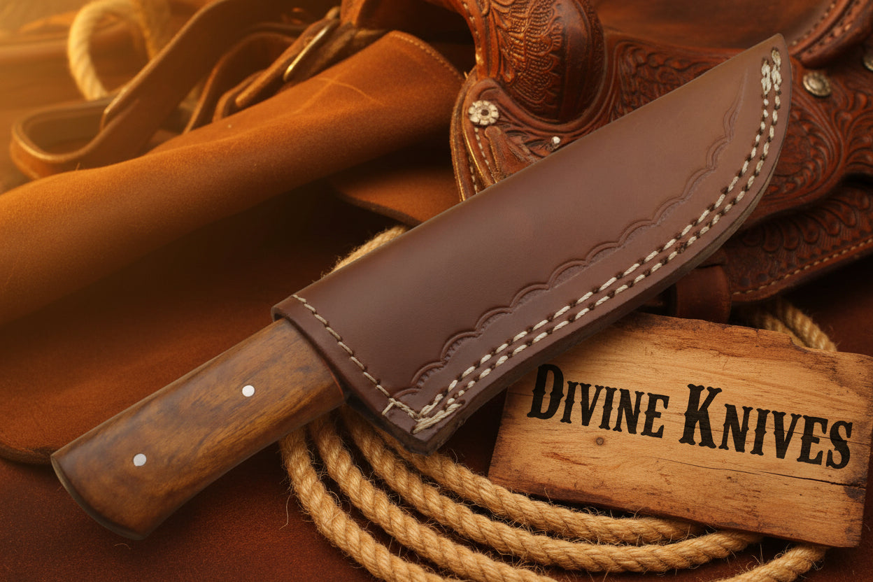 Two-Tone Blue Accent Damascus Knife with Warm Tan Wood Handle