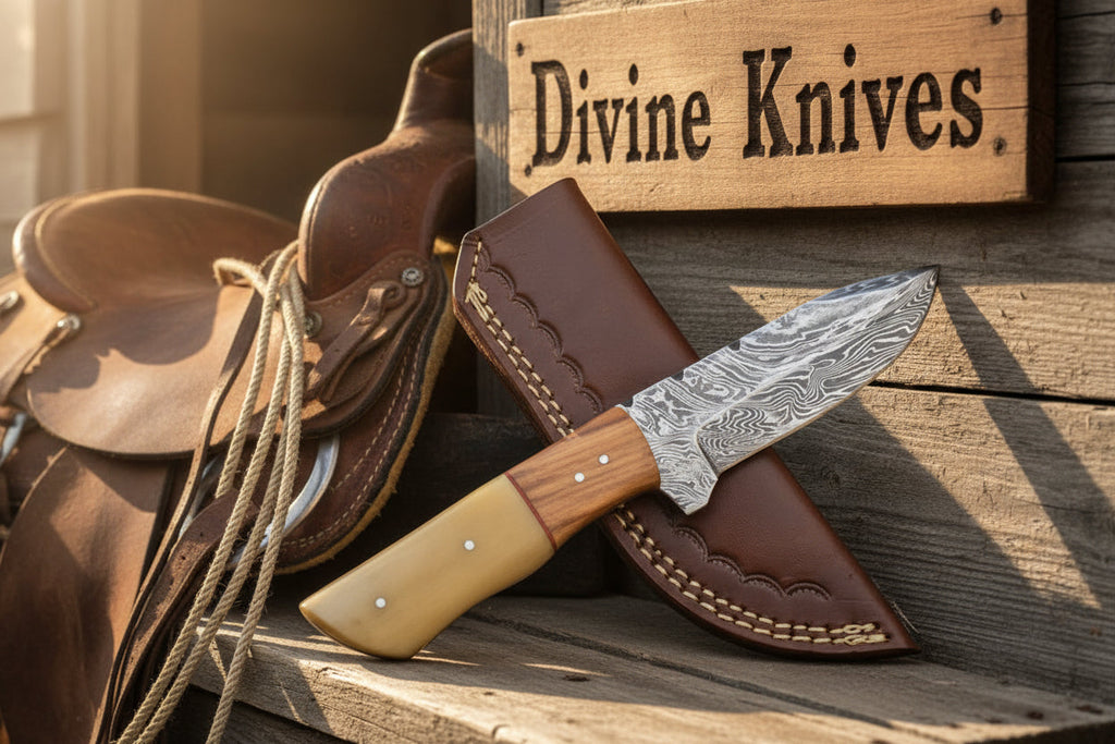 Bone and Wood Accent Damascus Knife Built for Field Dressing