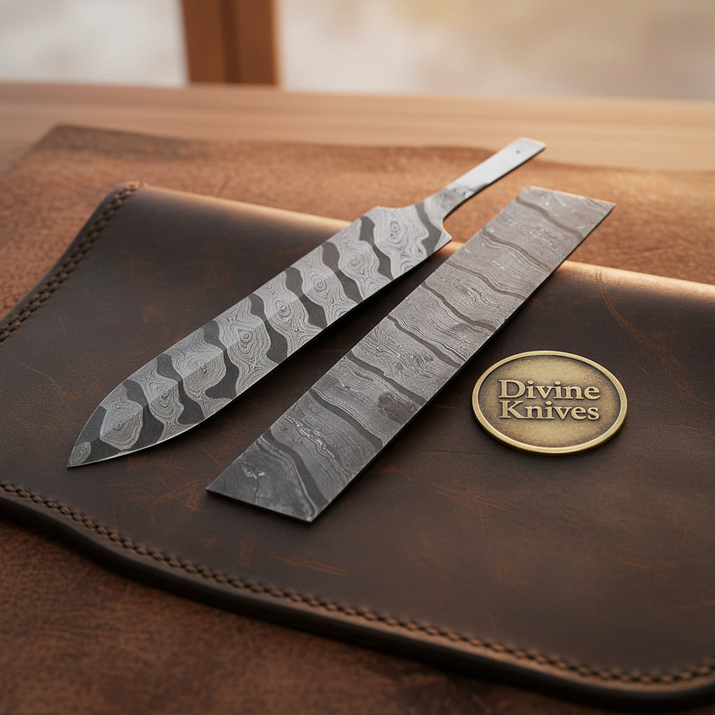 Damascus Zebra Pattern Billet Set with Shaped Blade Blank