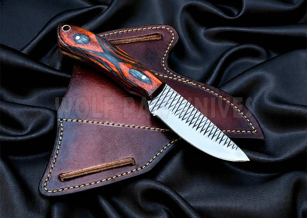 Orange Pakkawood Handle EDC Skinner Knife for Cowboy Style Collectors