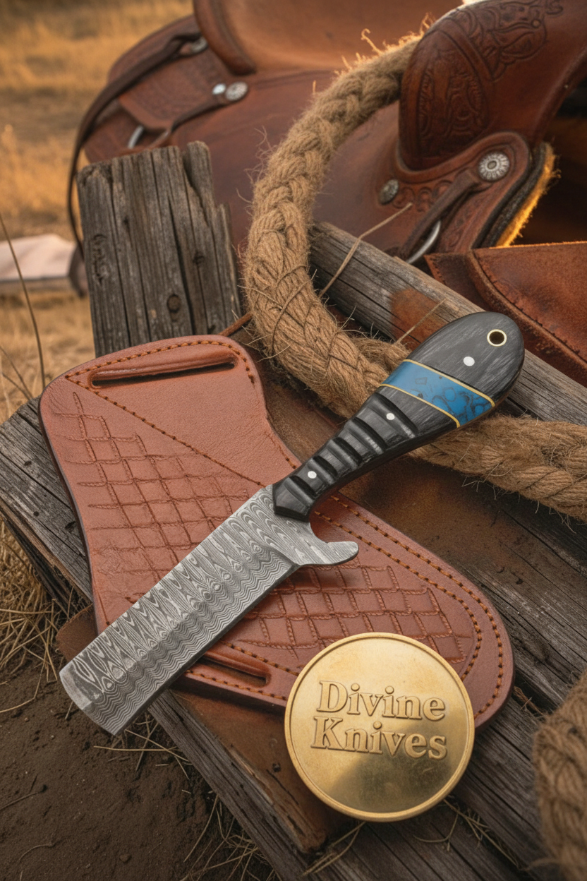 Micarta and Turquoise Bull Cutter with Scale Pattern Damascus Blade