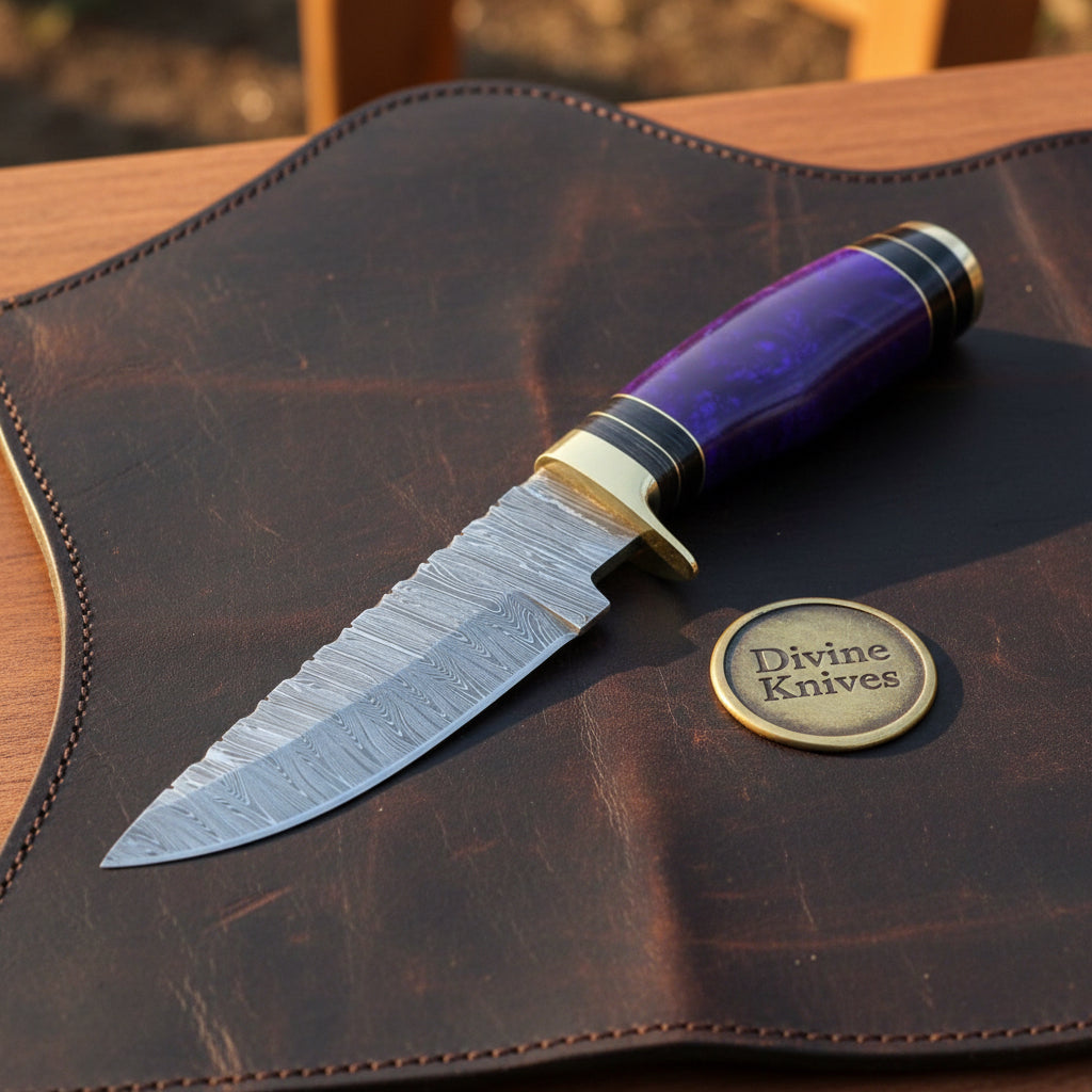 Royal Amethyst Resin Damascus Hunter with Purple Resin Handle