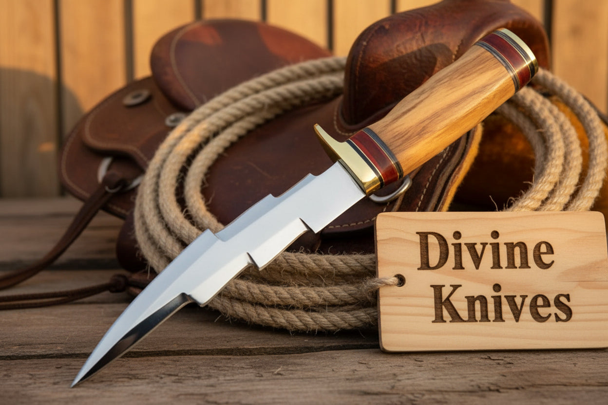 Olive Wood Damascus Knife Accented with Red and Brass Rings