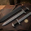 Hand Forged Viking Sword Set with Pattern Welded Blades and Stitched Black Scabbard