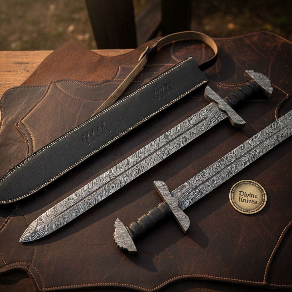 Hand Forged Viking Sword Set with Pattern Welded Blades and Stitched Black Scabbard