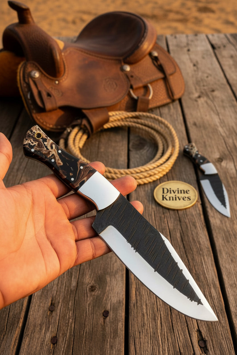 Black & Gold Resin Handle Damascus Bushcraft Knife with Saw-Back