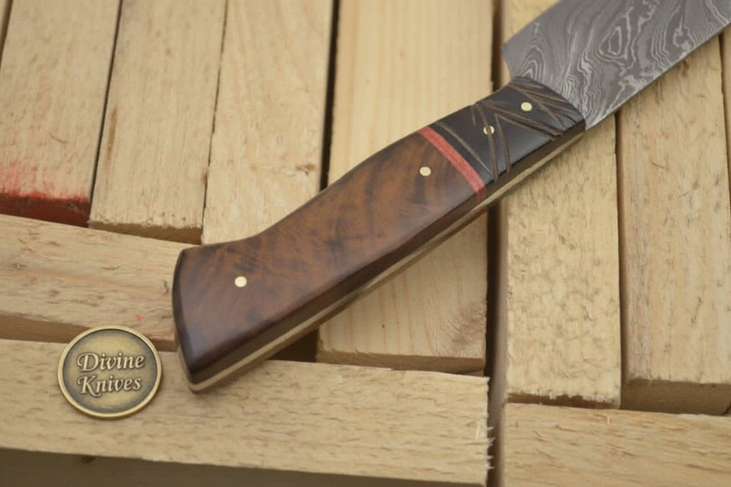 Brown Wood Damascus Knife Accented with a Bold Red Band