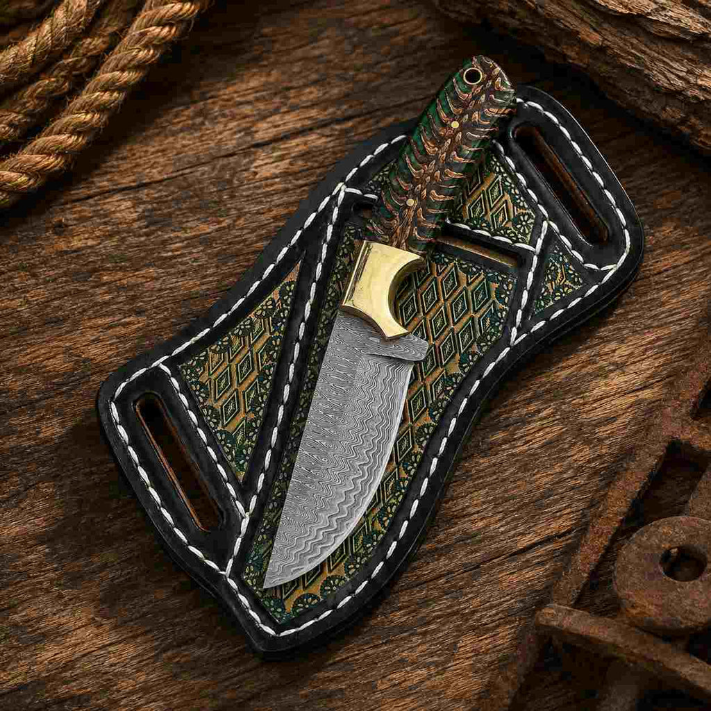Green Pine Cone Damascus Steel Buckaroo Knife