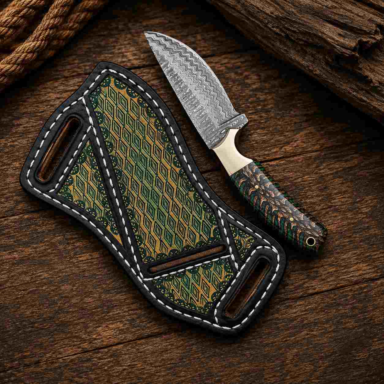 Green Pine Cone Damascus Steel Buckaroo Knife