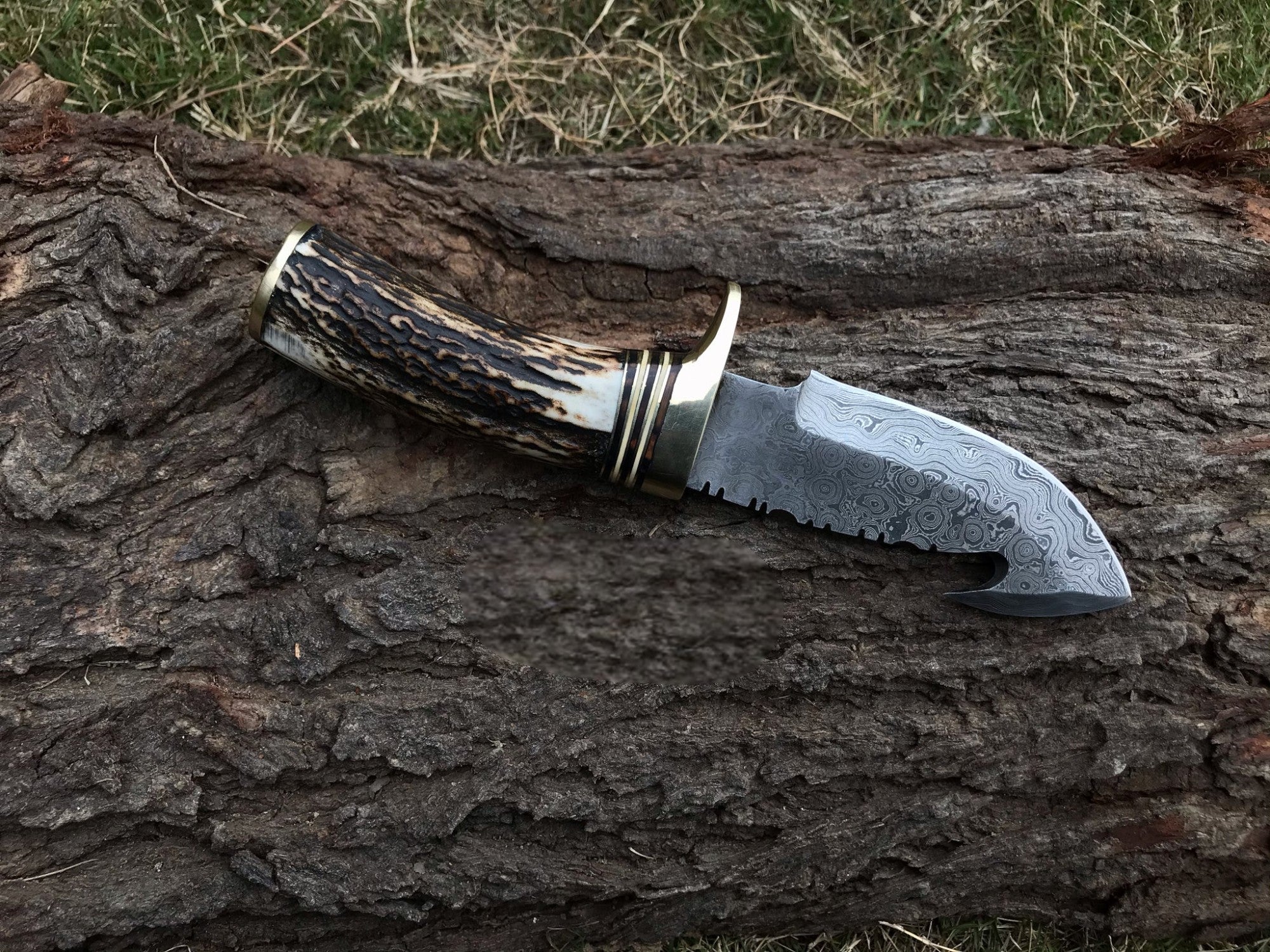Damascus Gut Hook Skinning Knife – Stag Horn Handle