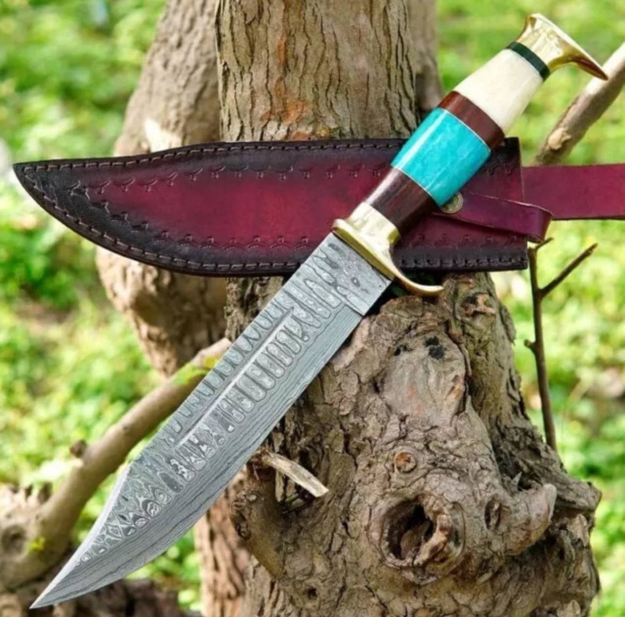 Custom Handmade Damascus Steel Bowie Knife with Brass Guard & Color Bone Handle | Leather Sheath Included