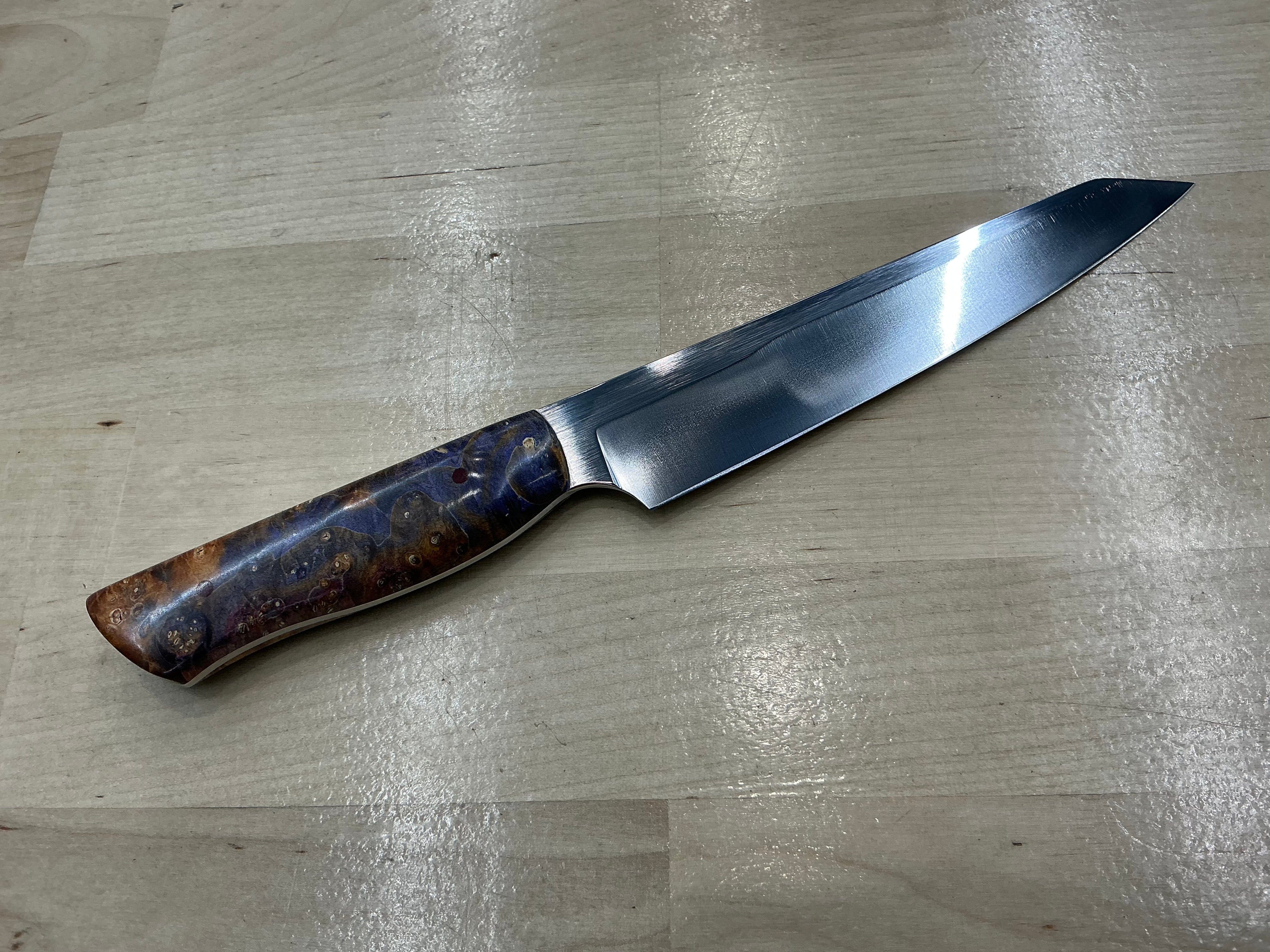 Steaksuki Knife - Orange/Purple Box Elder Burl - CPM154