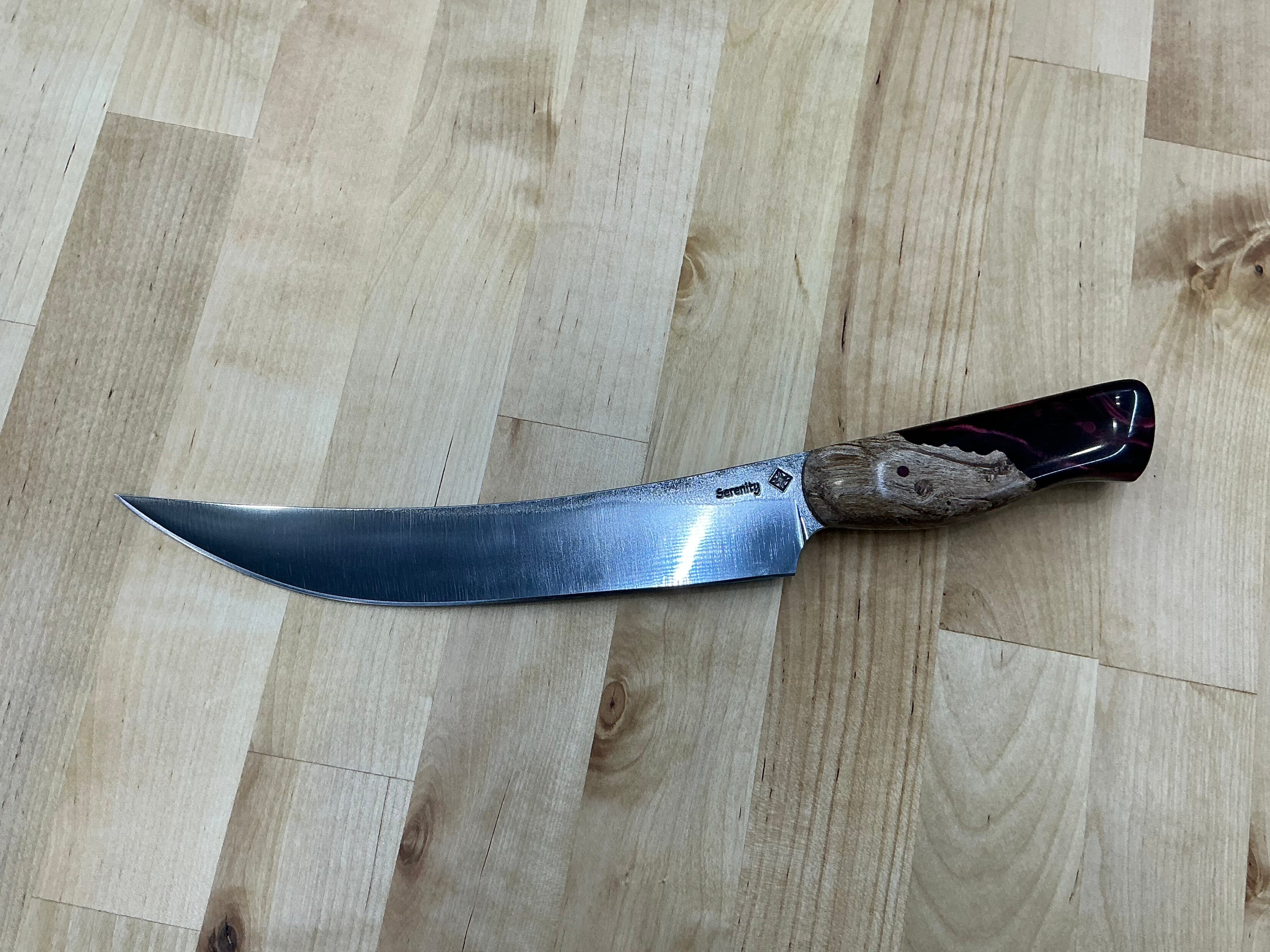 Set of 7 Kitchen Knives & 10 Steak Knives - CPM 154 - Maple Burl & Burgundy Resin with Pecan Block