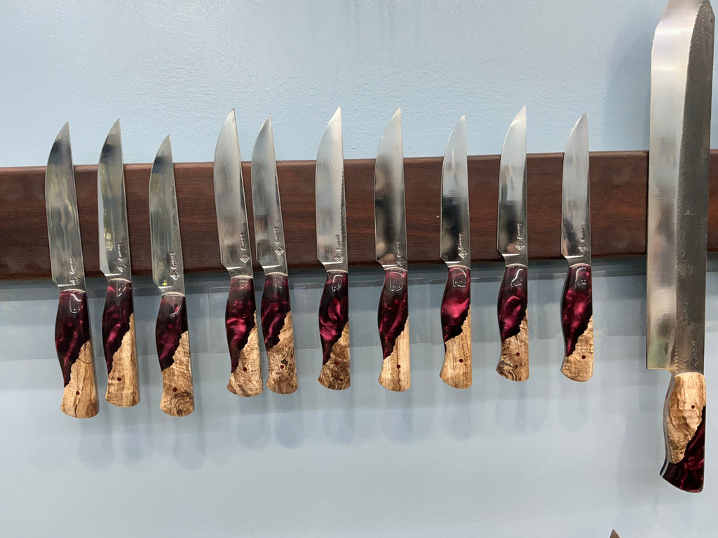 Set of 7 Kitchen Knives & 10 Steak Knives - CPM 154 - Maple Burl & Burgundy Resin with Pecan Block
