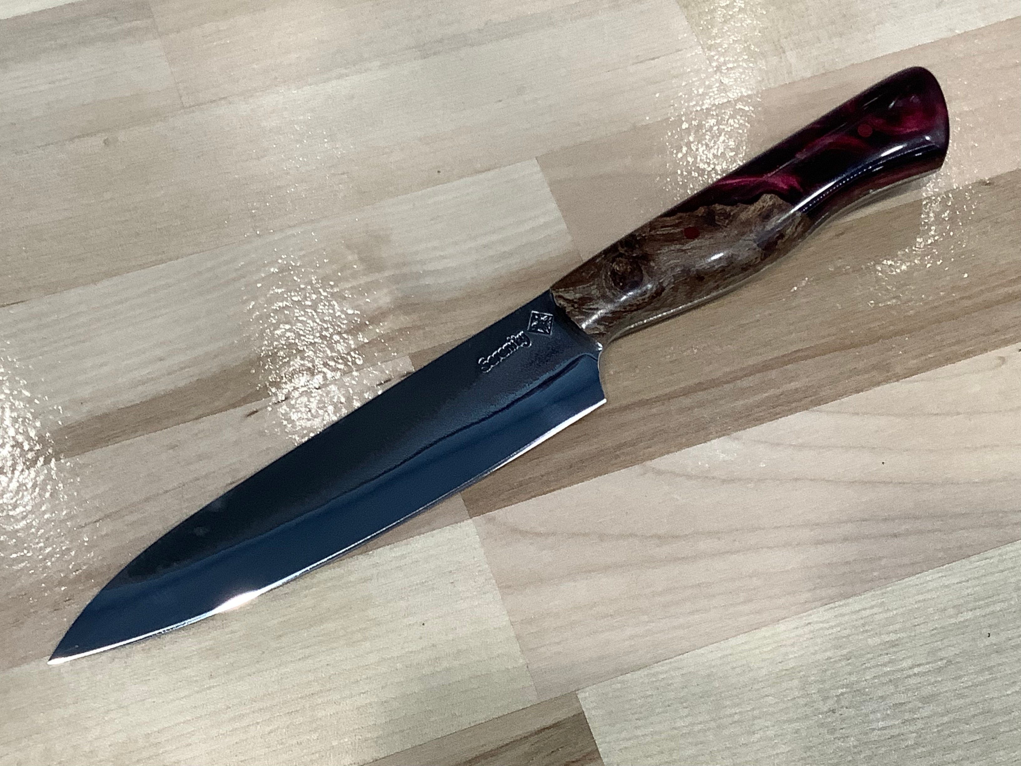 Set of 7 Kitchen Knives & 10 Steak Knives - CPM 154 - Maple Burl & Burgundy Resin with Pecan Block