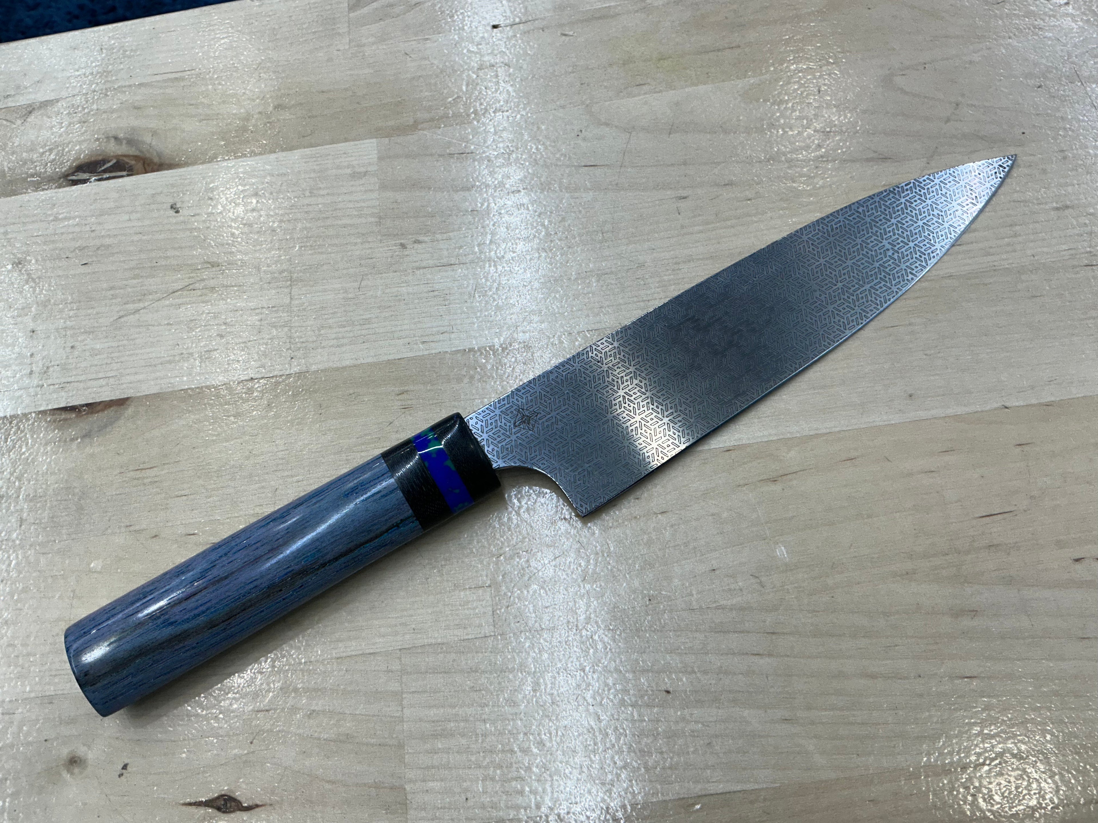 Hidden Tang Gyuto - CPM154 - Blue Spalted Pecan Handle