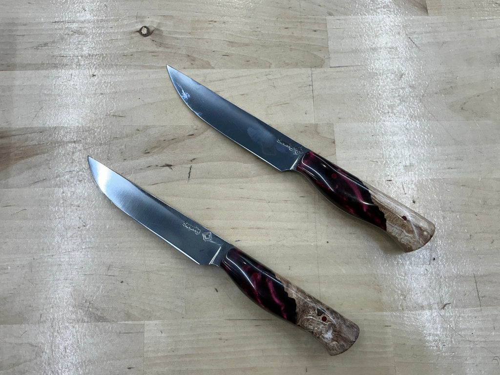 Maple Burl and Burgundy Resin Steak Knife