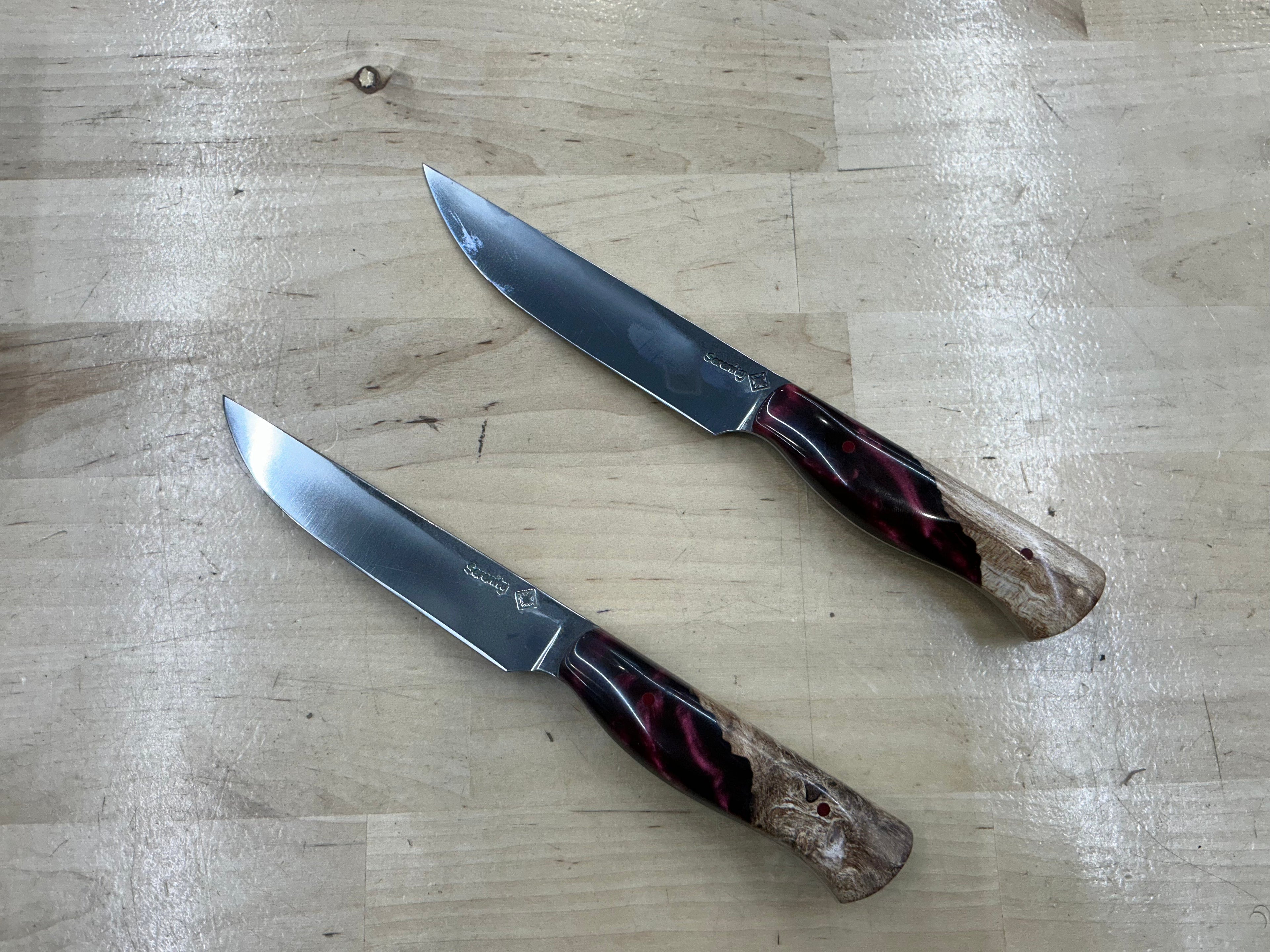 Maple Burl and Burgundy Resin Steak Knife
