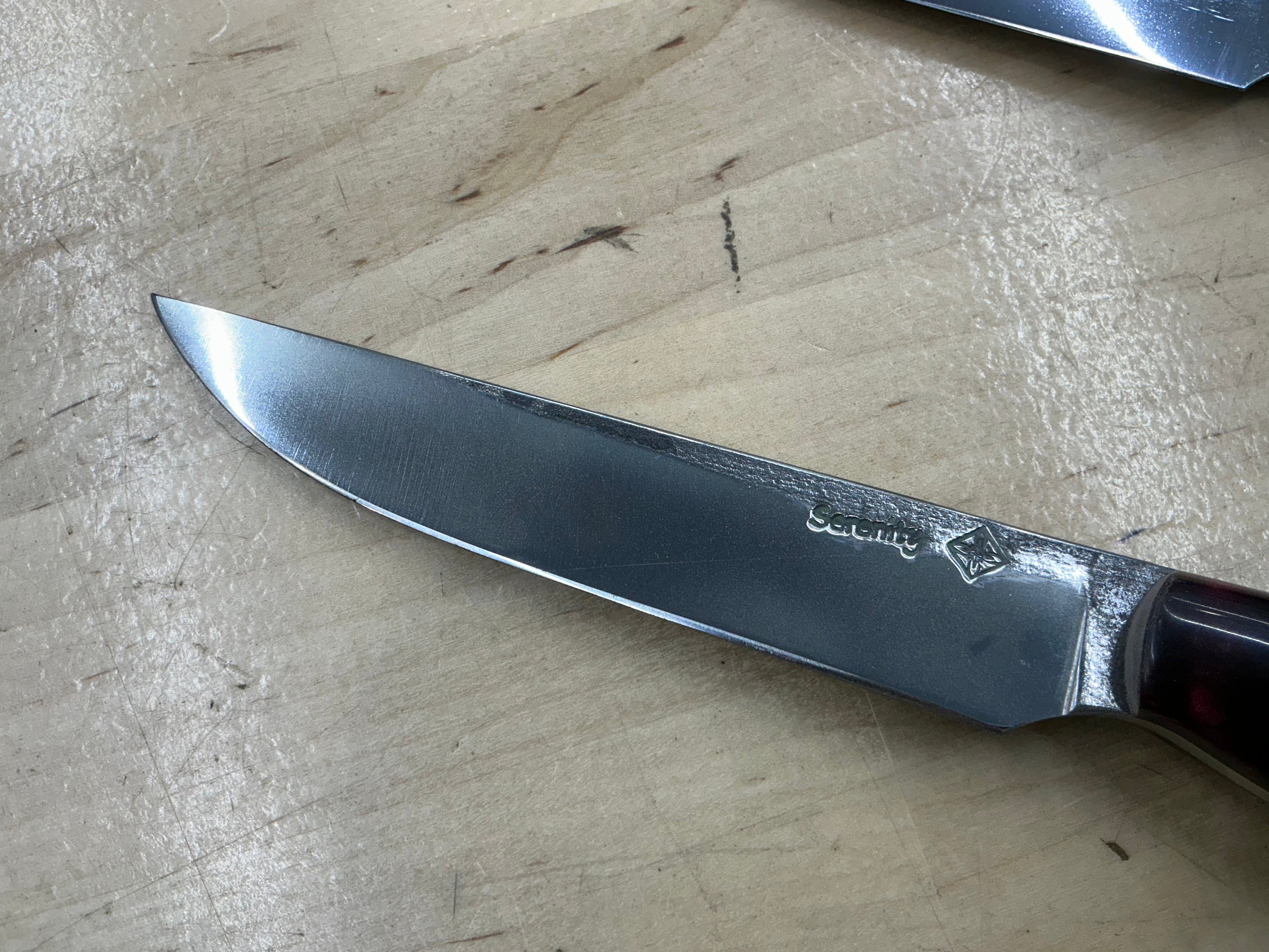 Maple Burl and Burgundy Resin Steak Knife