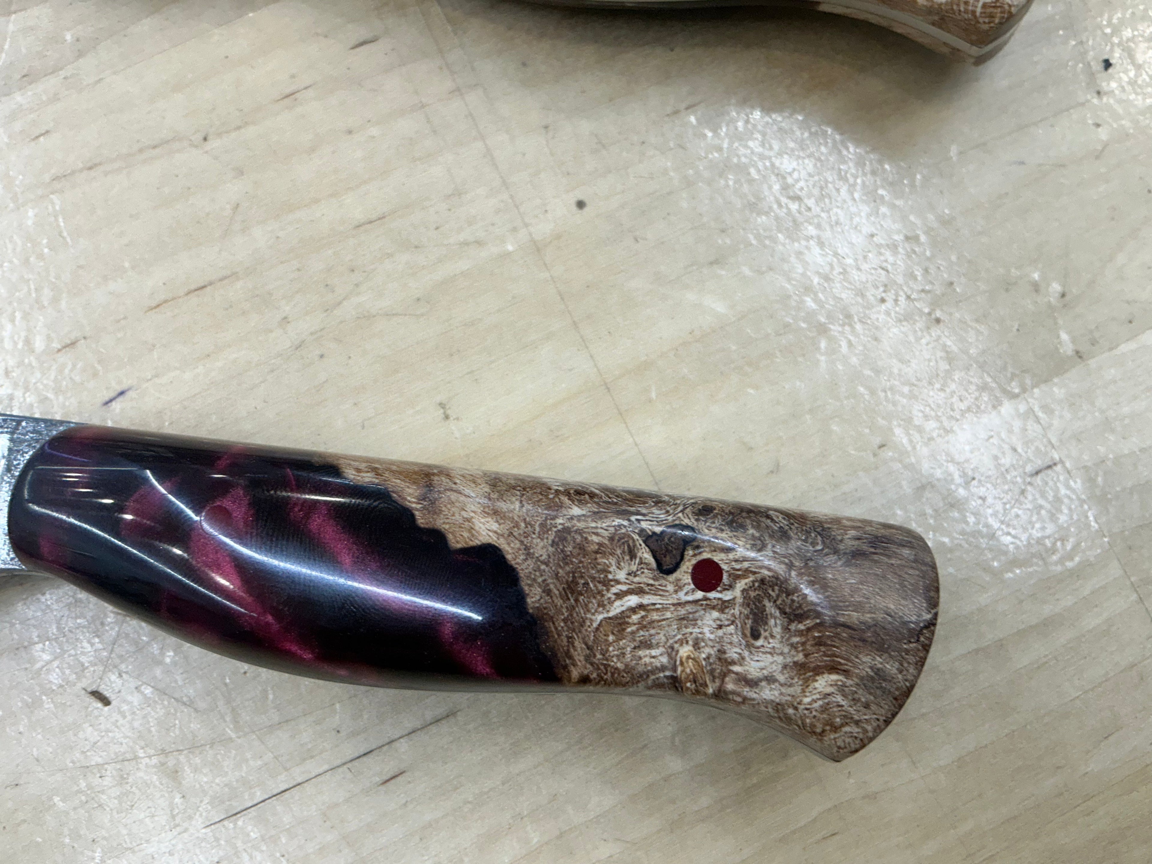 Maple Burl and Burgundy Resin Steak Knife
