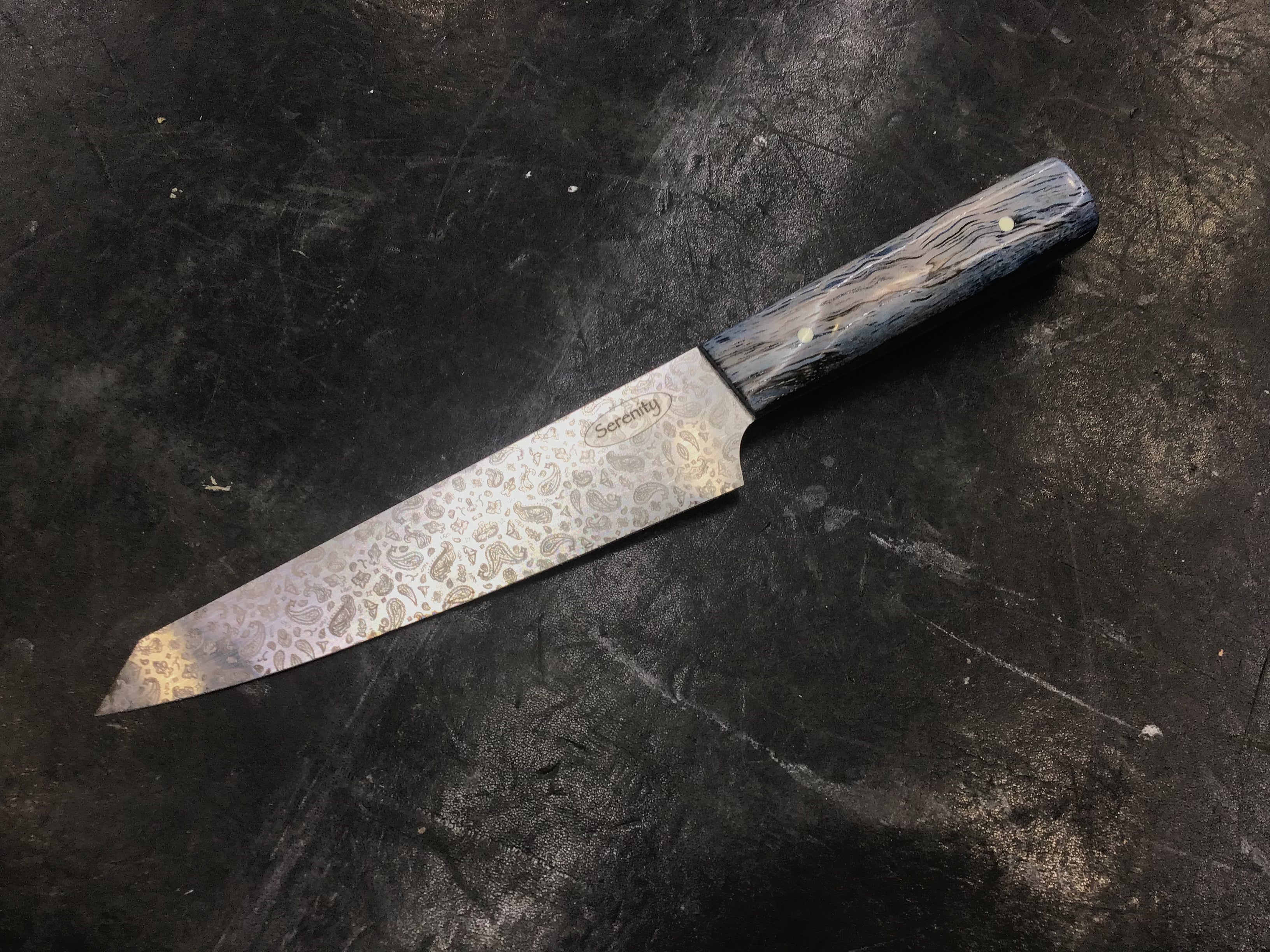 Paisley Petty Knife - Blue Dyed Texas Spalted Pecan - CPM MagnaCut