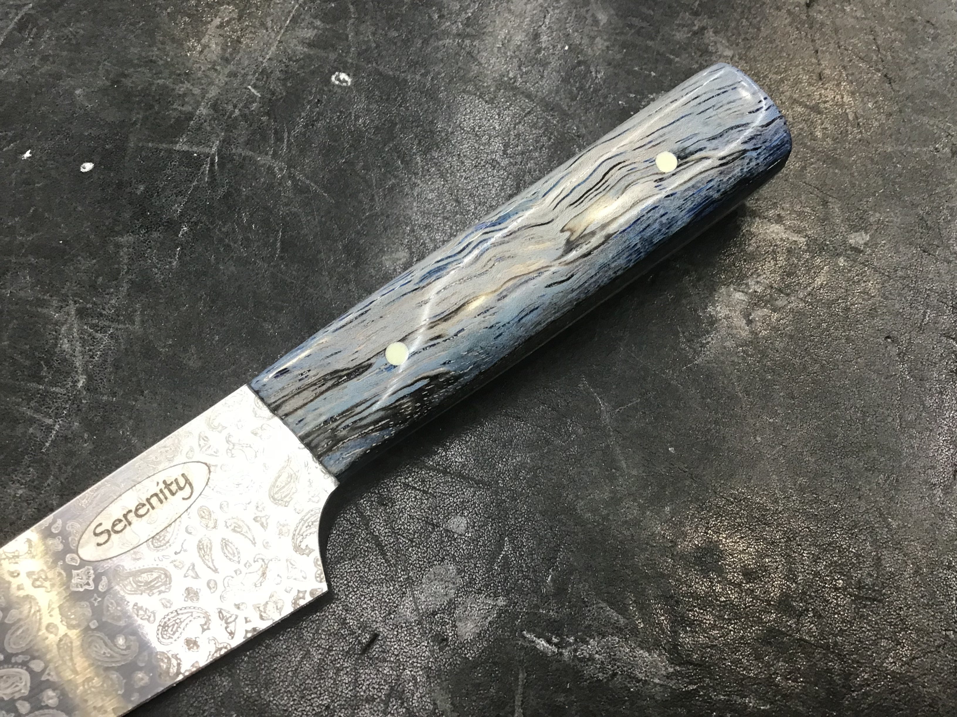 Paisley Petty Knife - Blue Dyed Texas Spalted Pecan - CPM MagnaCut