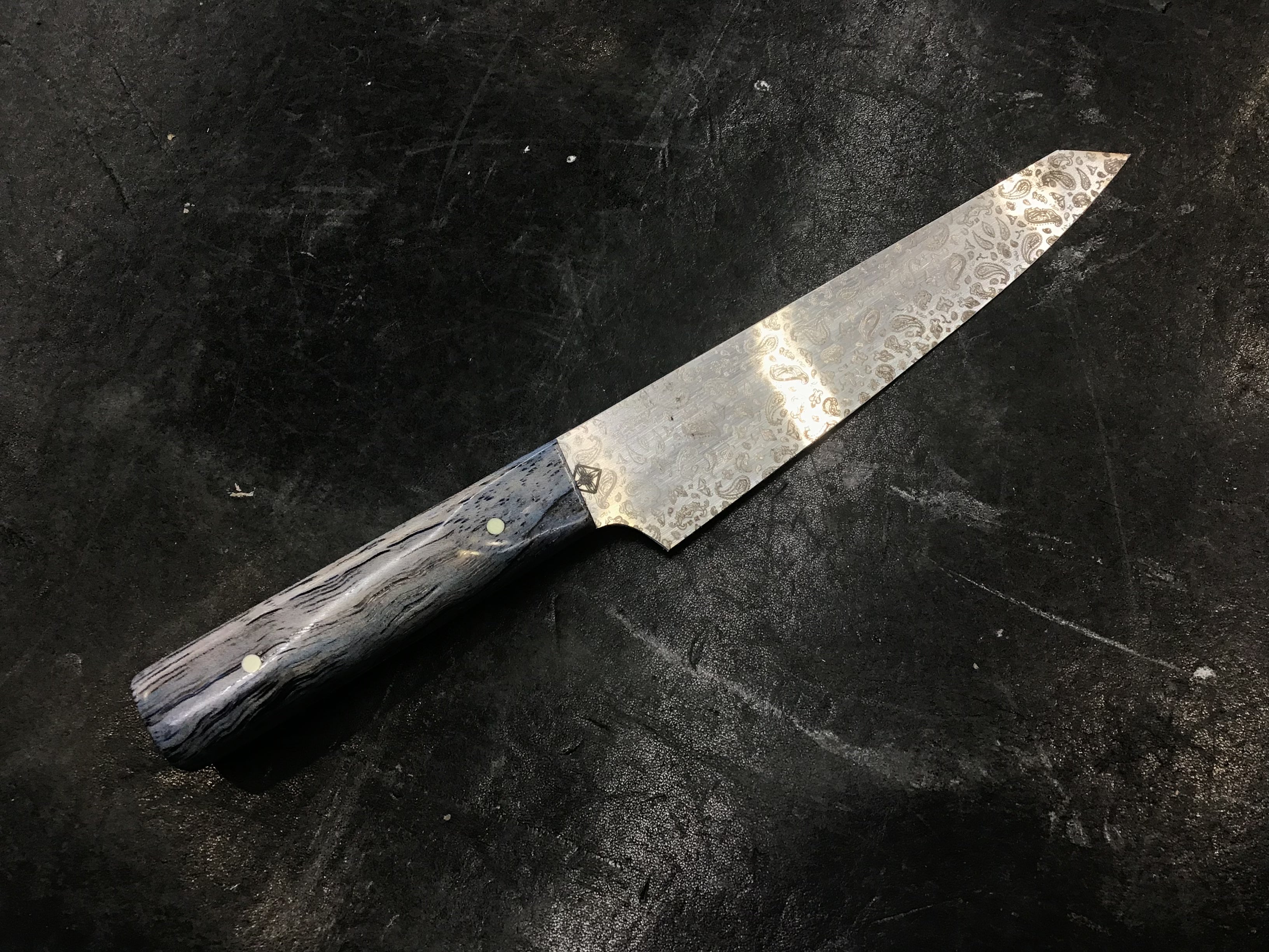 Paisley Petty Knife - Blue Dyed Texas Spalted Pecan - CPM MagnaCut