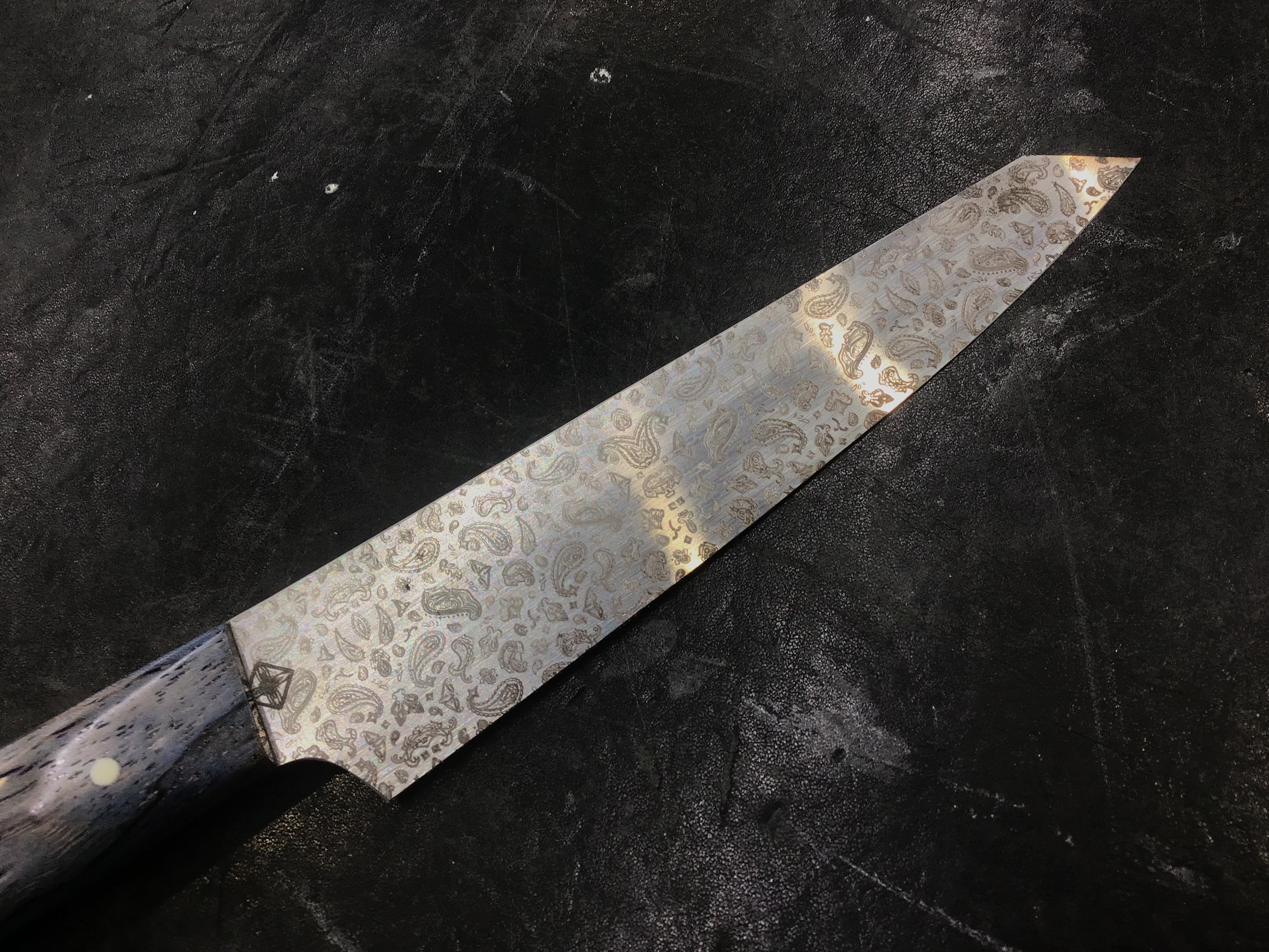 Paisley Petty Knife - Blue Dyed Texas Spalted Pecan - CPM MagnaCut