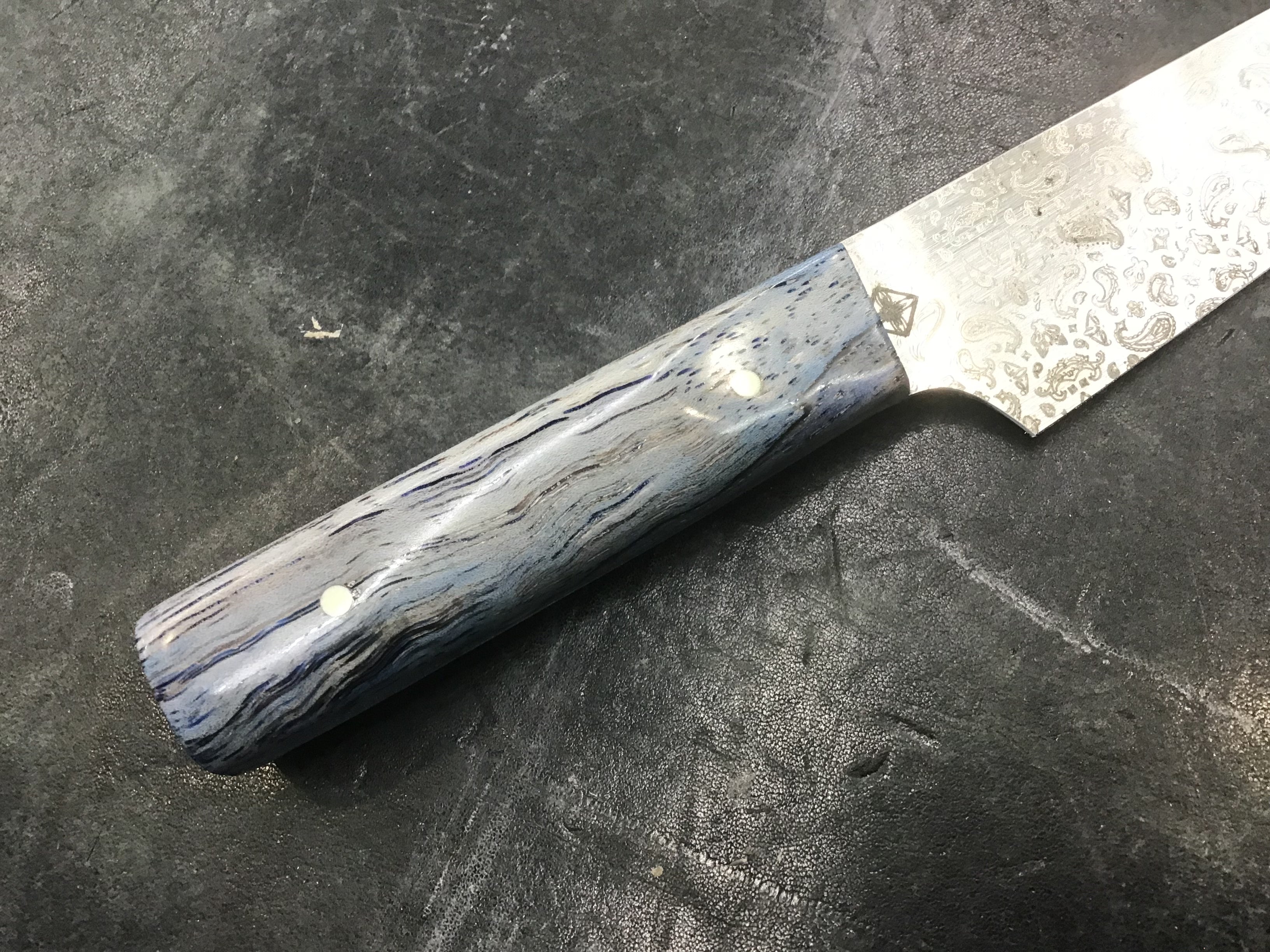 Paisley Petty Knife - Blue Dyed Texas Spalted Pecan - CPM MagnaCut