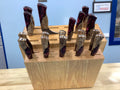 Set of 7 Kitchen Knives & 10 Steak Knives - CPM 154 - Maple Burl & Burgundy Resin with Pecan Block