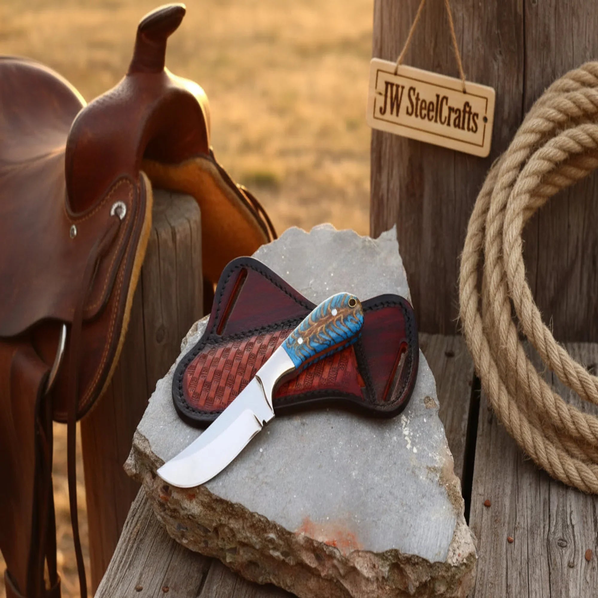Sundance Turquoise Tracker Knife 10" Premium Hammered Damascus Tigerwood