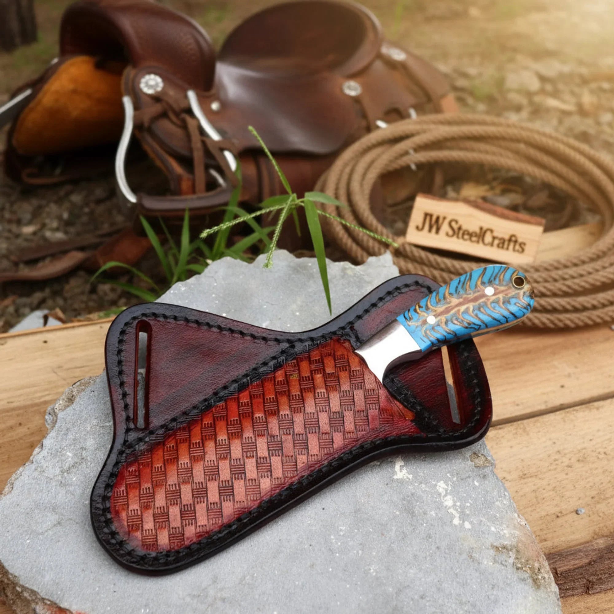 Sundance Turquoise Tracker Knife 10" Premium Hammered Damascus Tigerwood