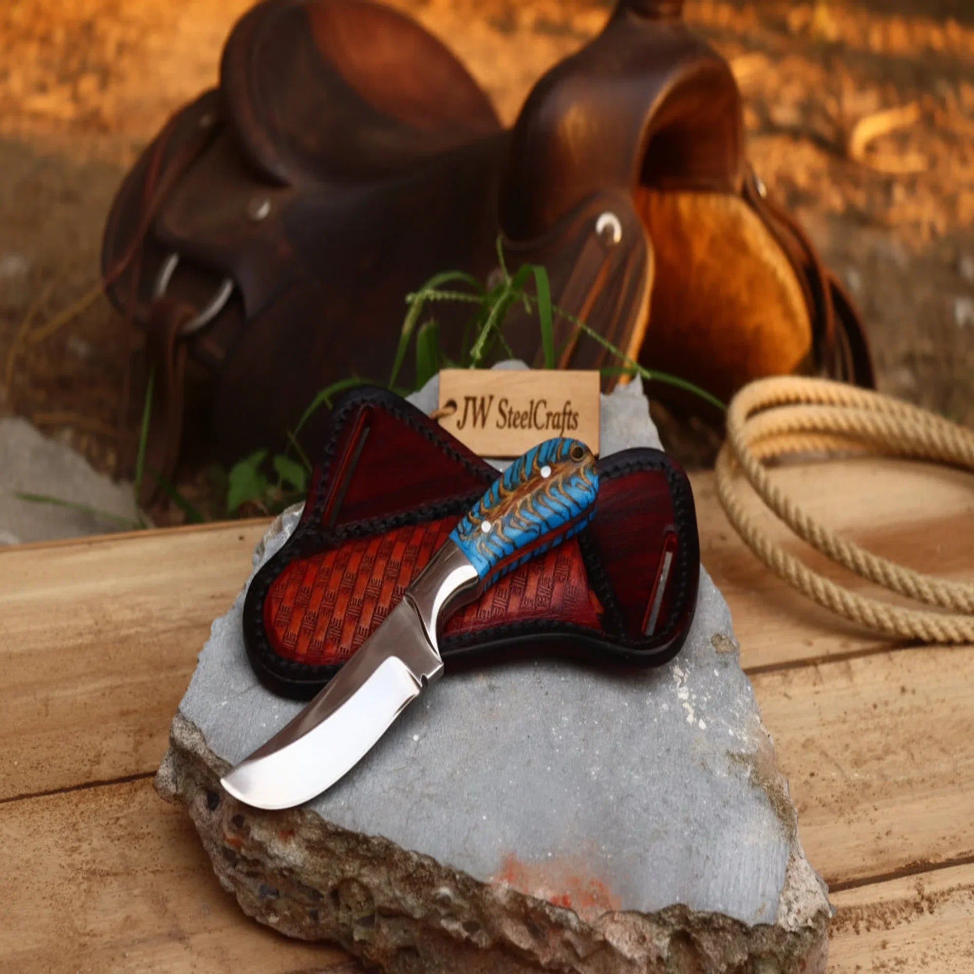 Sundance Turquoise Tracker Knife 10" Premium Hammered Damascus Tigerwood