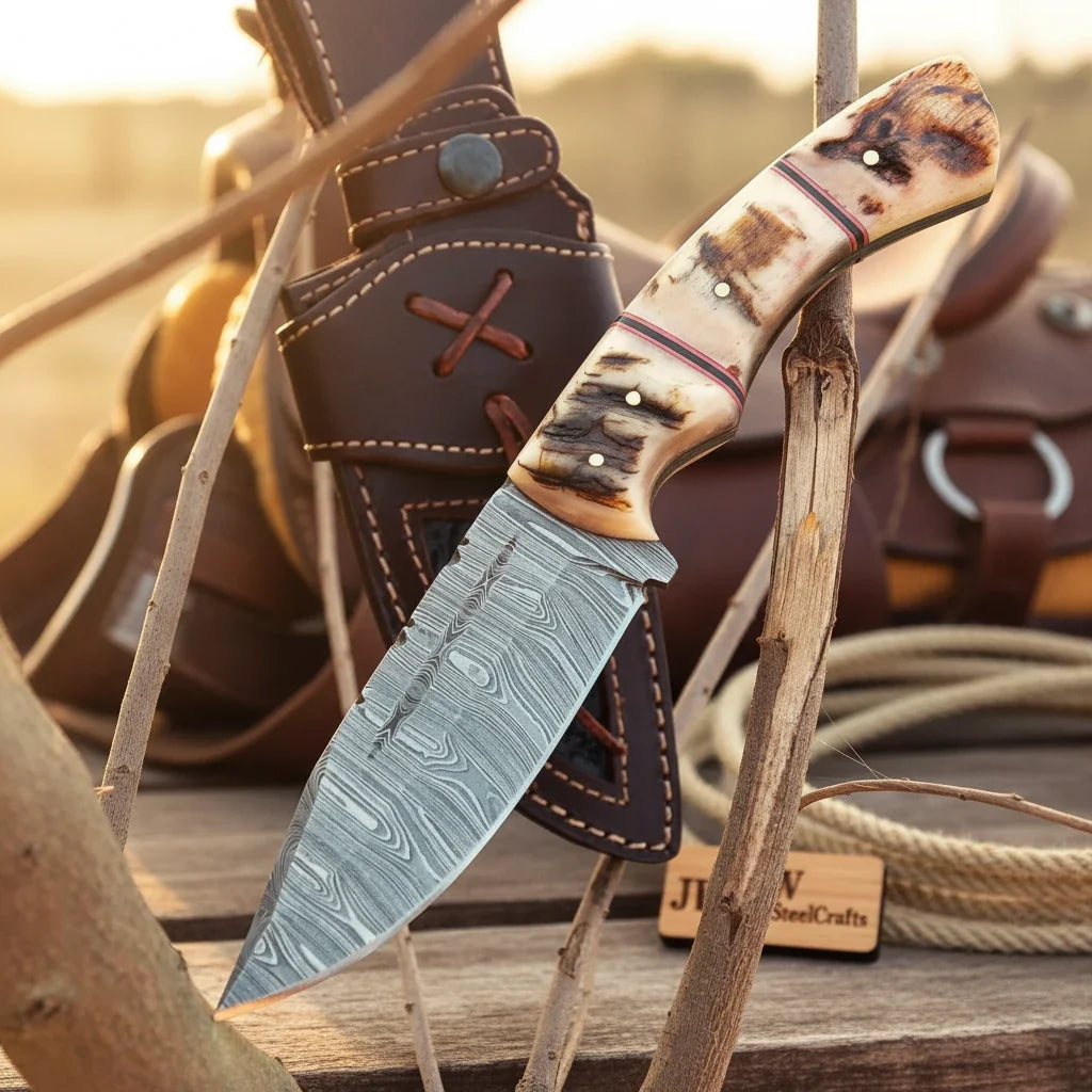 Sundown Trail Rasp Steel Knife 9" Stag Bone Handle - JW Steelcrafts