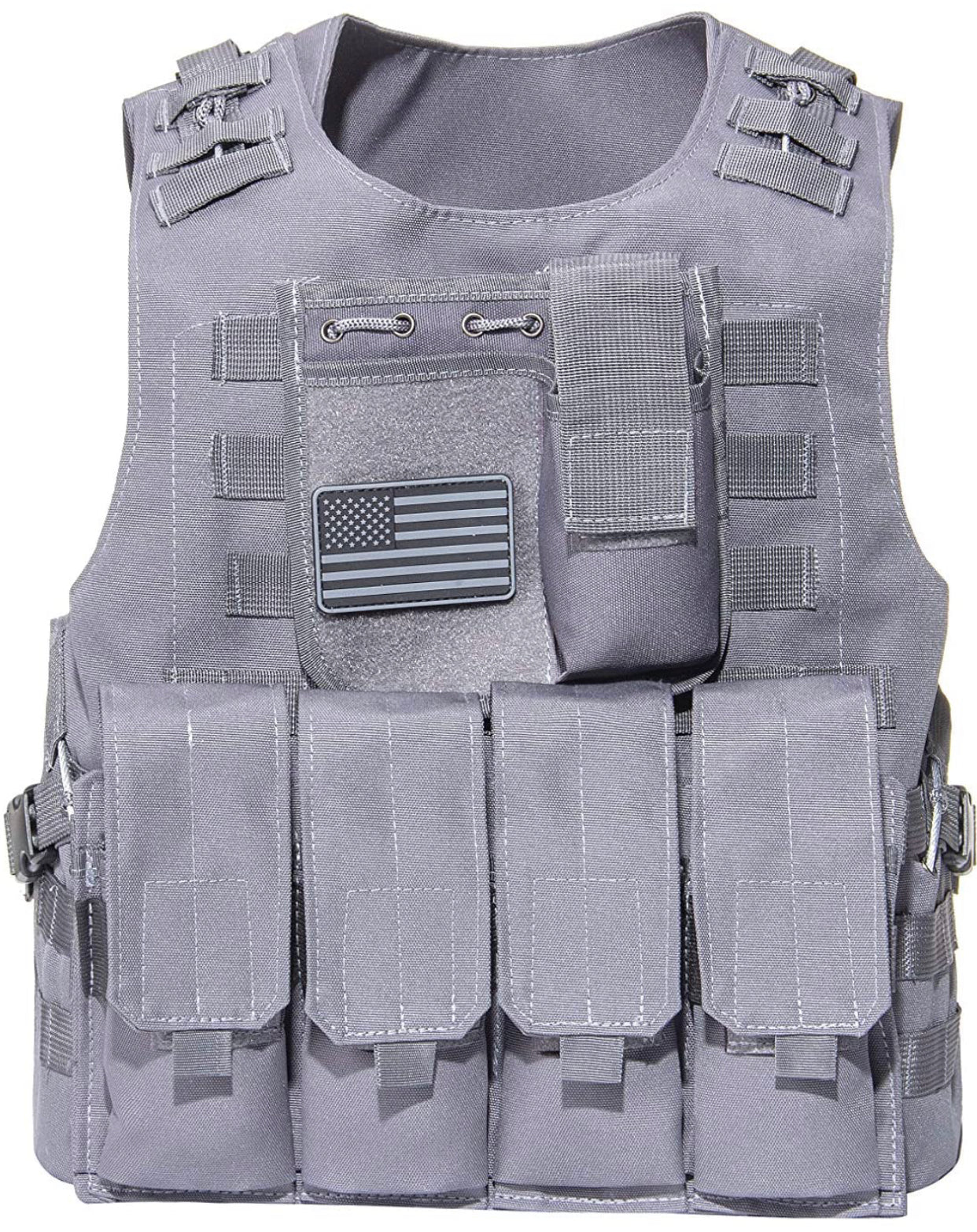 Airsoft Tactical Plate Carrier Vest with Free US Flag Patch, Mil Spec 1000D Nylon PALS Molle Modular w/ 4 Mag Pouches, Side Pouch, Chest Mag Pouch
