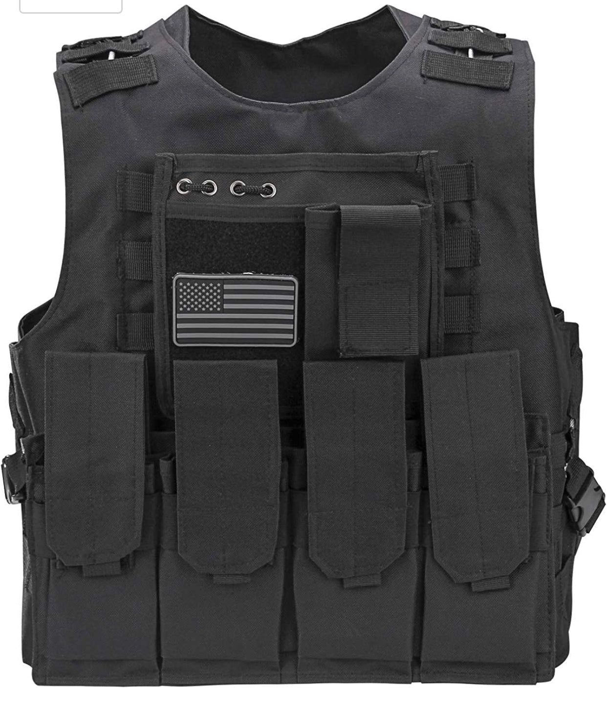 Airsoft Tactical Plate Carrier Vest with Free US Flag Patch, Mil Spec 1000D Nylon PALS Molle Modular w/ 4 Mag Pouches, Side Pouch, Chest Mag Pouch