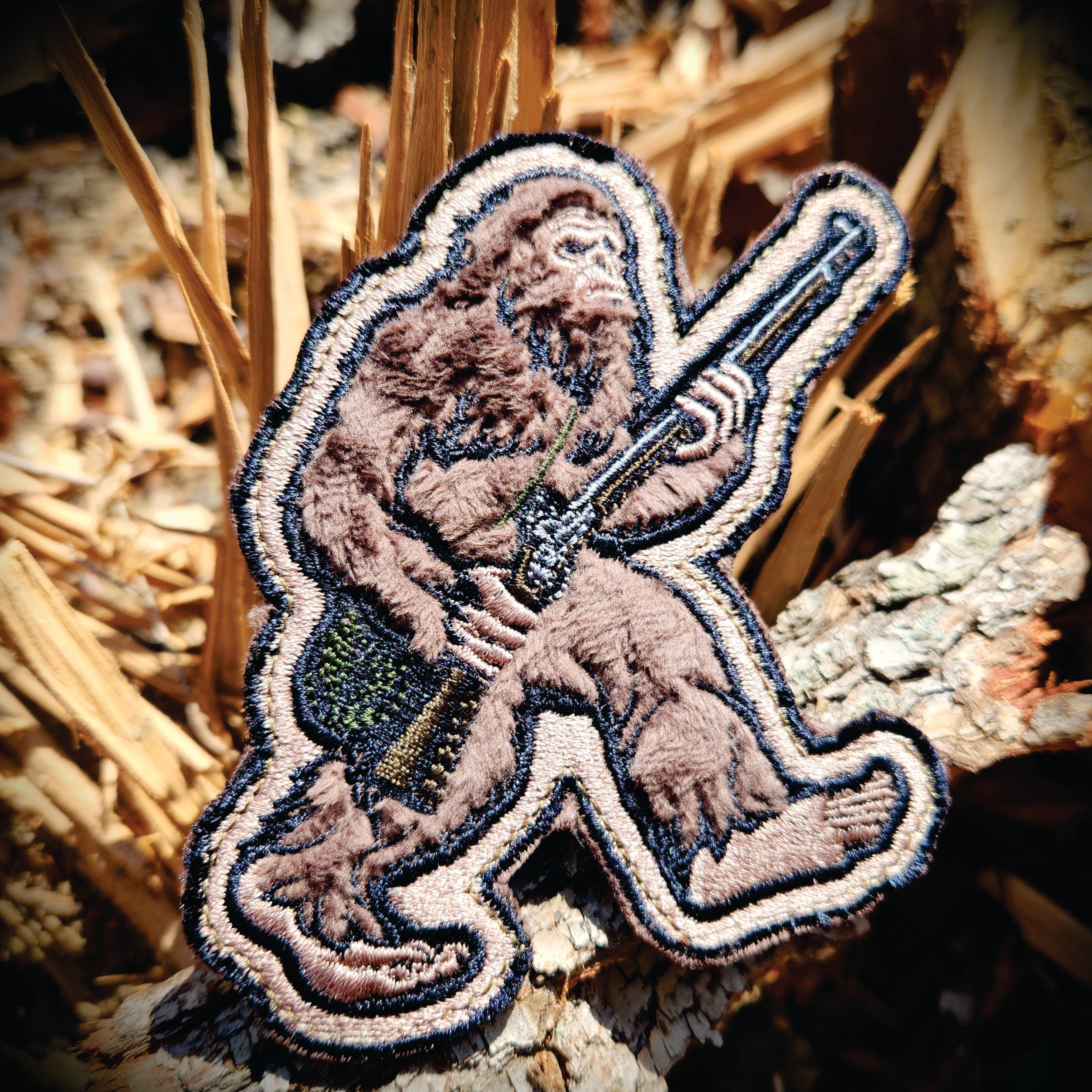 Fuzzy Flint Lock Rifle Colonial Squatch Embroidered Patch - 4 inch - Made in the USA Big Foot