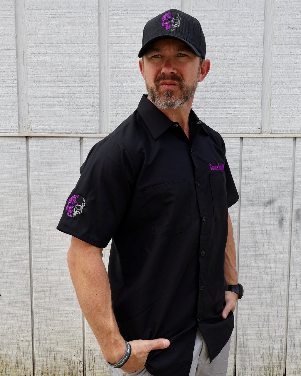 NEW! SHORT SLEEVE Men's Embroidered Shop Shirt - Purple Logo