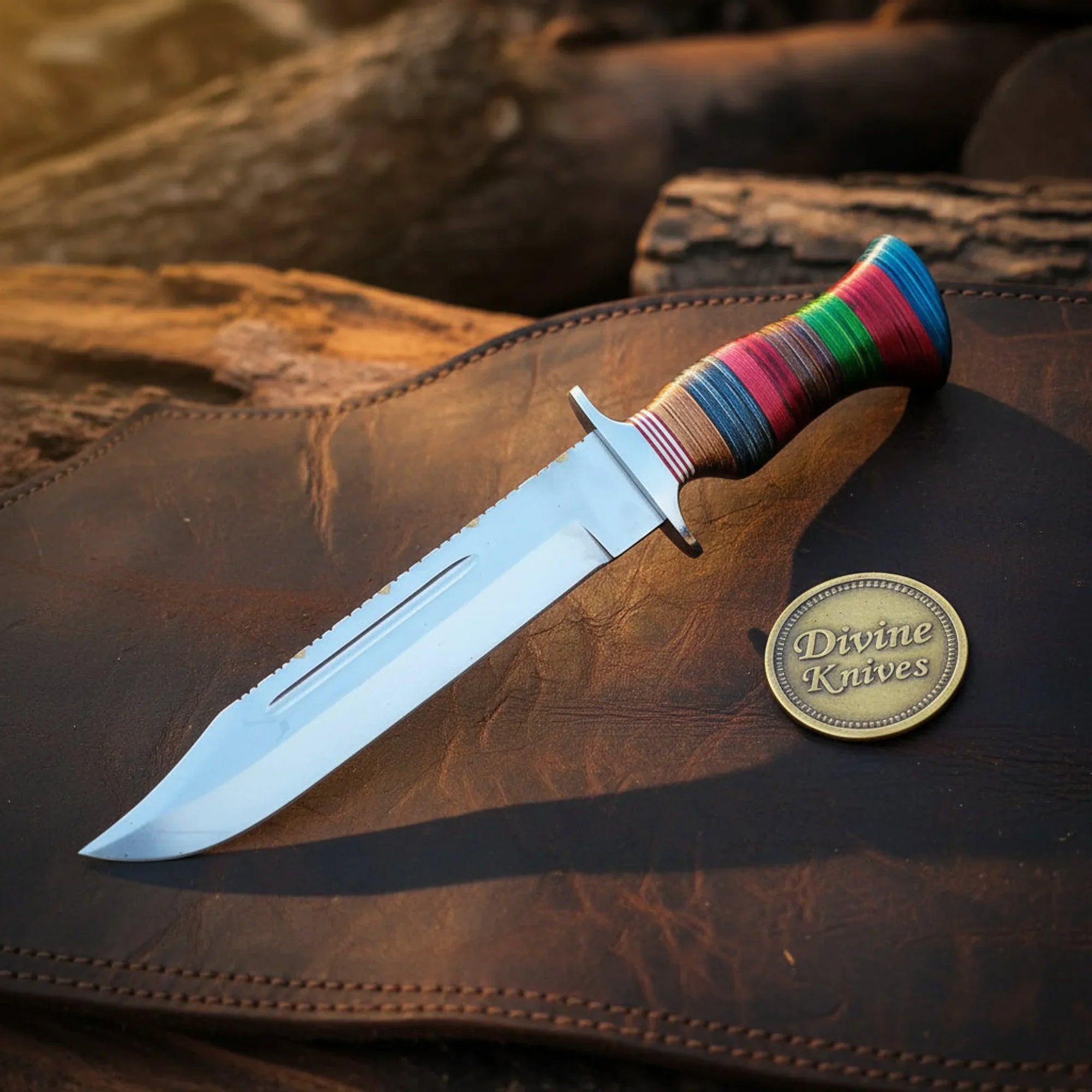 Multi-Color Stacked Clip Point Bowie with Bright Layered Handle