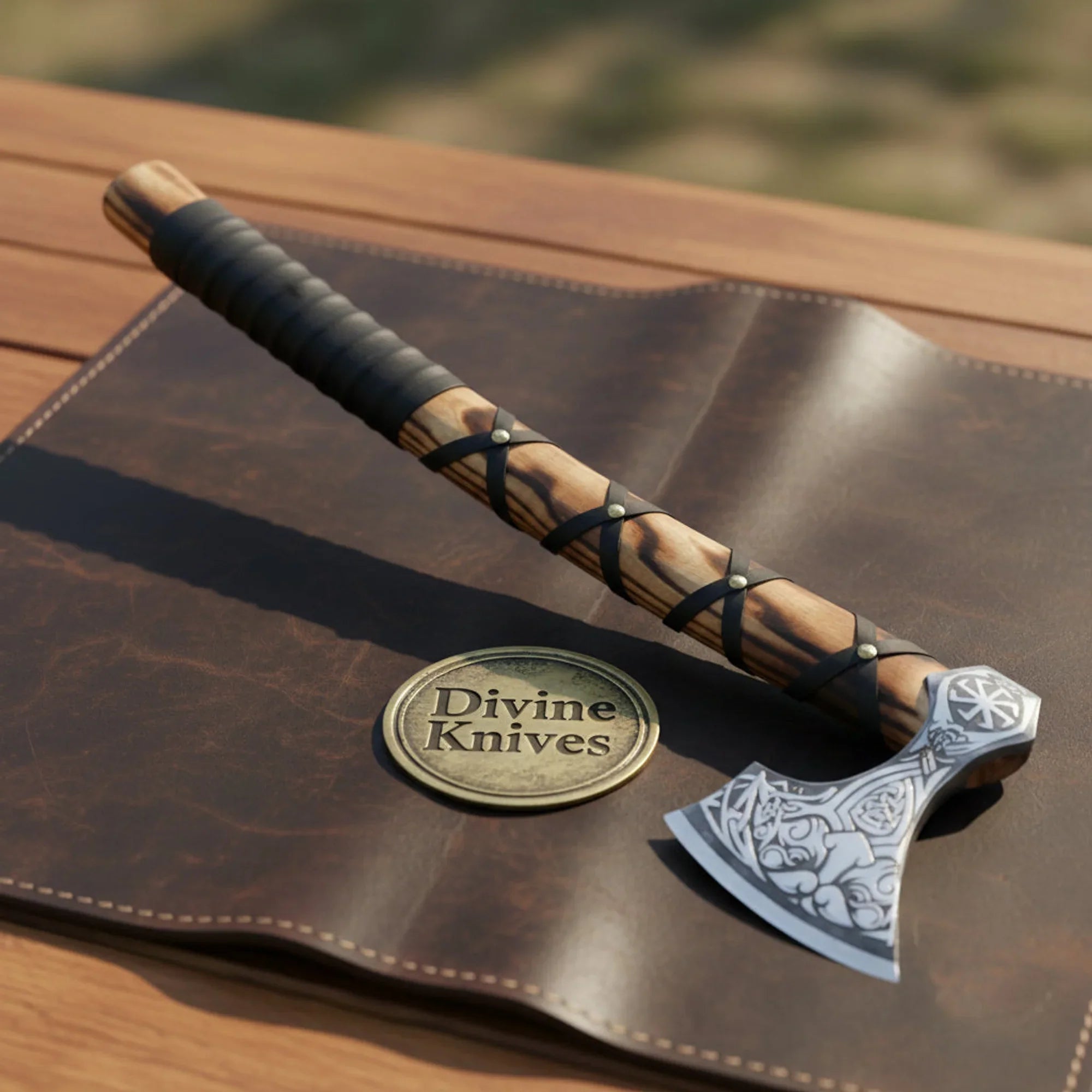 Slavic Engraved Bearded Axe with Knotwork Etching and Leather Haft