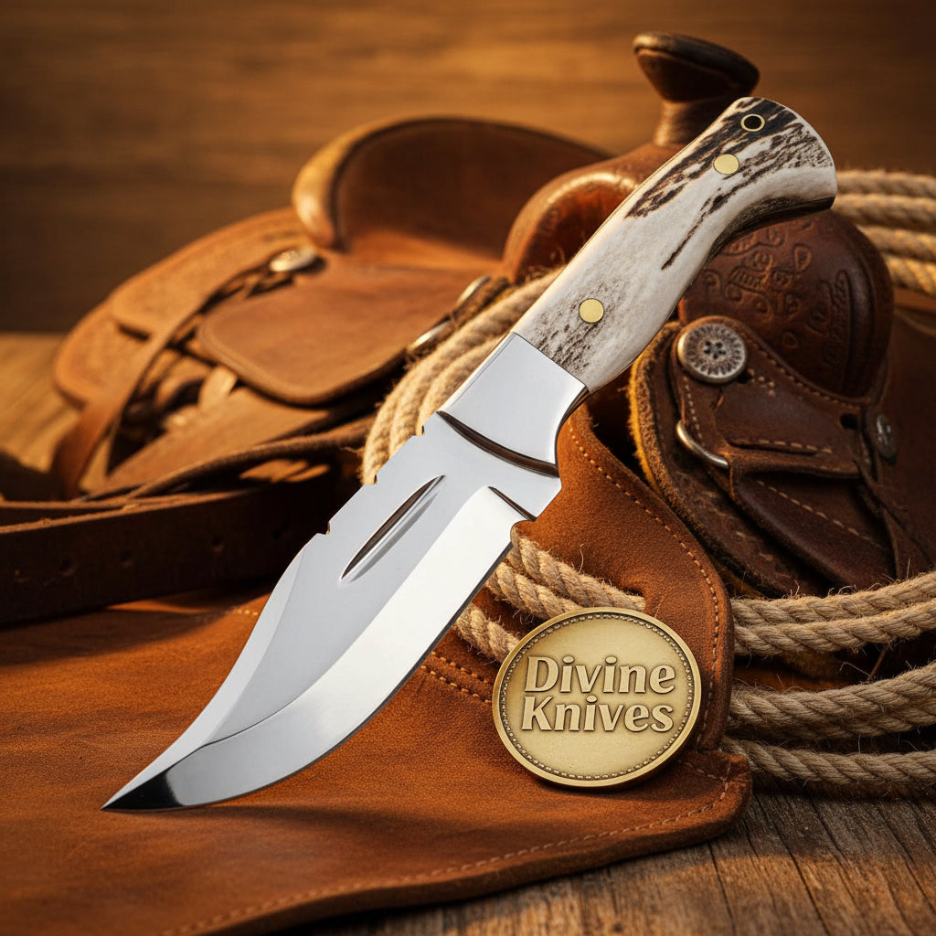 Mirror Polish Gut Hook Skinner Knife with Stag Handle and Brass Pins