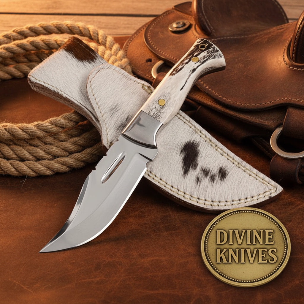 Mirror Polish Gut Hook Skinner Knife with Stag Handle and Brass Pins