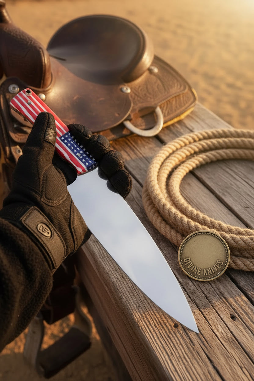 American Flag Handle Chef Knife with Wide Cutting Blade for Patriotic Kitchens