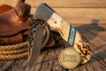 Turquoise Inlay Stag Handle Folding Knife with Hammered Spine