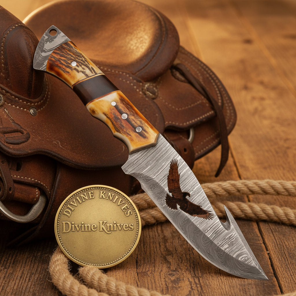 Eagle Cutout Skinner Knife with Stag Handle and Patterned Steel Blade