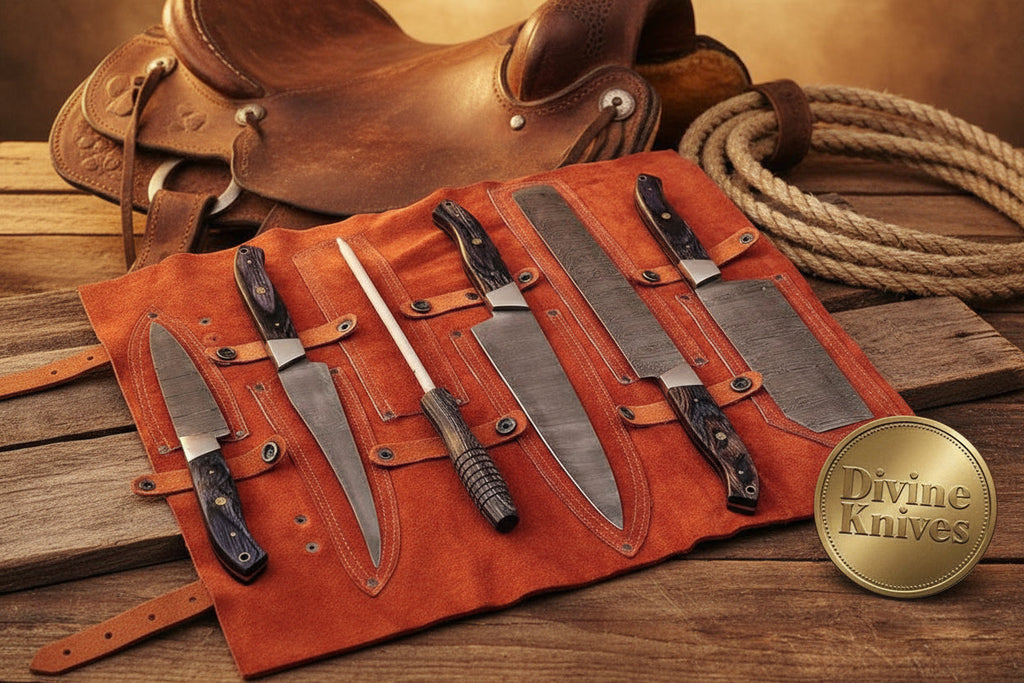 6-Piece Chef Knife Set with Sharpening Rod and Leather Roll Case