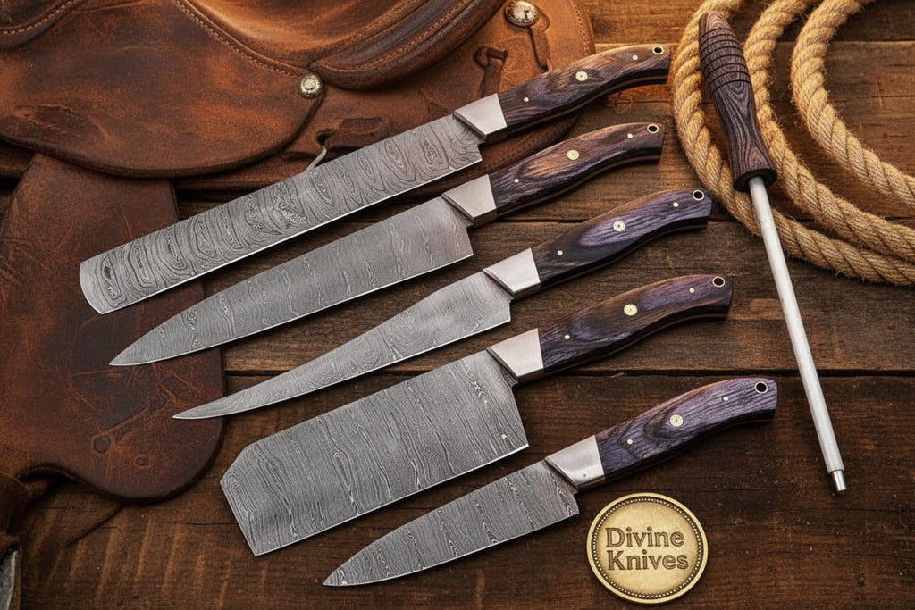 6-Piece Chef Knife Set with Sharpening Rod and Leather Roll Case