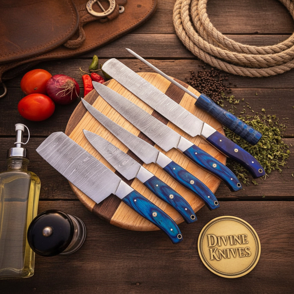 6-Piece Blue Handle Chef Knife Set with Sharpening Rod