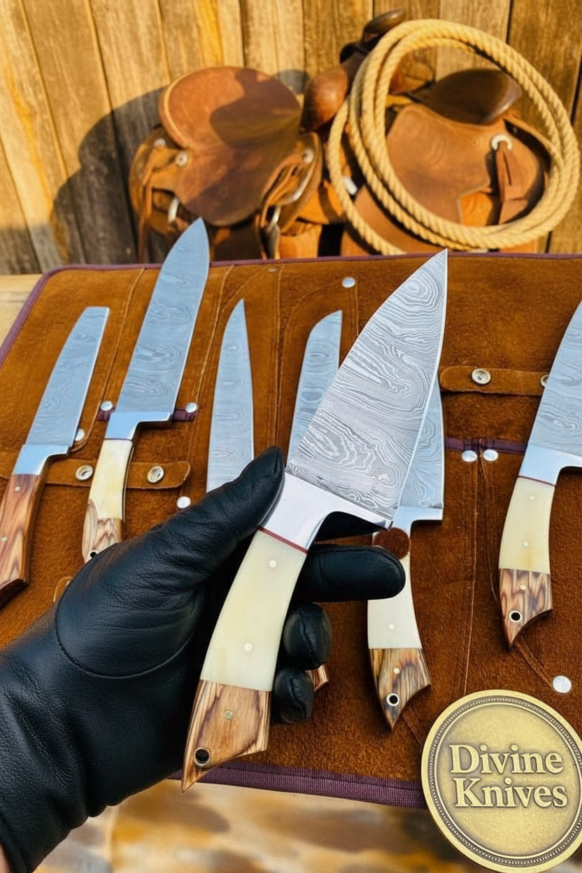 Bone Handle Caping Knife Set with Tooled Leather Roll Case