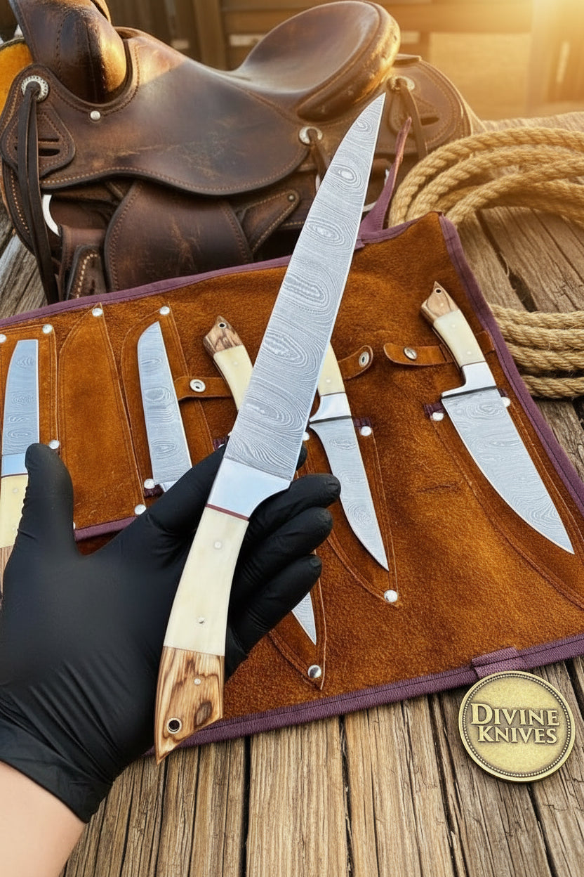 Bone Handle Caping Knife Set with Tooled Leather Roll Case